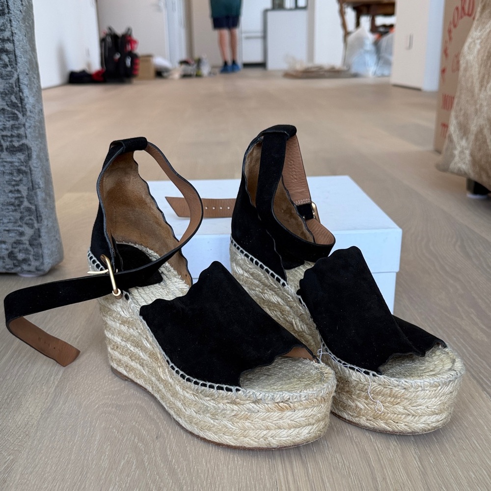 Chloe - Women’s Black Suede Espadrille Wedge